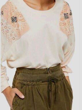 We The Free Peach Alabaster Feelin It Top with Embroidered Shoulders Patchwork S